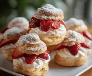 Delicious strawberry cream puffs topped with fresh strawberries and a dusting of powdered sugar, perfect for dessert or afternoon tea.