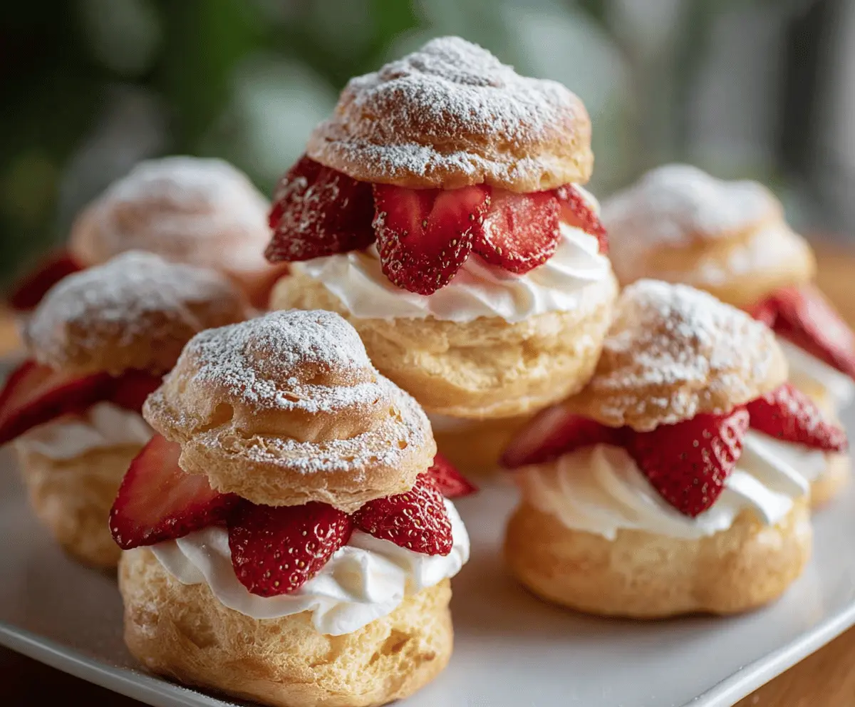Delicious strawberry cream puffs topped with fresh strawberries and a dusting of powdered sugar, perfect for dessert or afternoon tea.