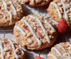 Delicious homemade strawberry crunch cookies with crunchy topping and fresh strawberry pieces, perfect for dessert or snack