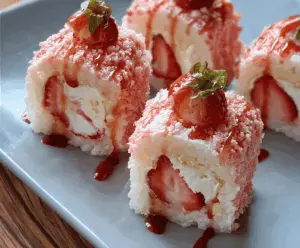 Delicious strawberry shortcake sushi rolls with fresh strawberries, whipped cream, and cake crumbles, garnished with mint leaves on a white plate.