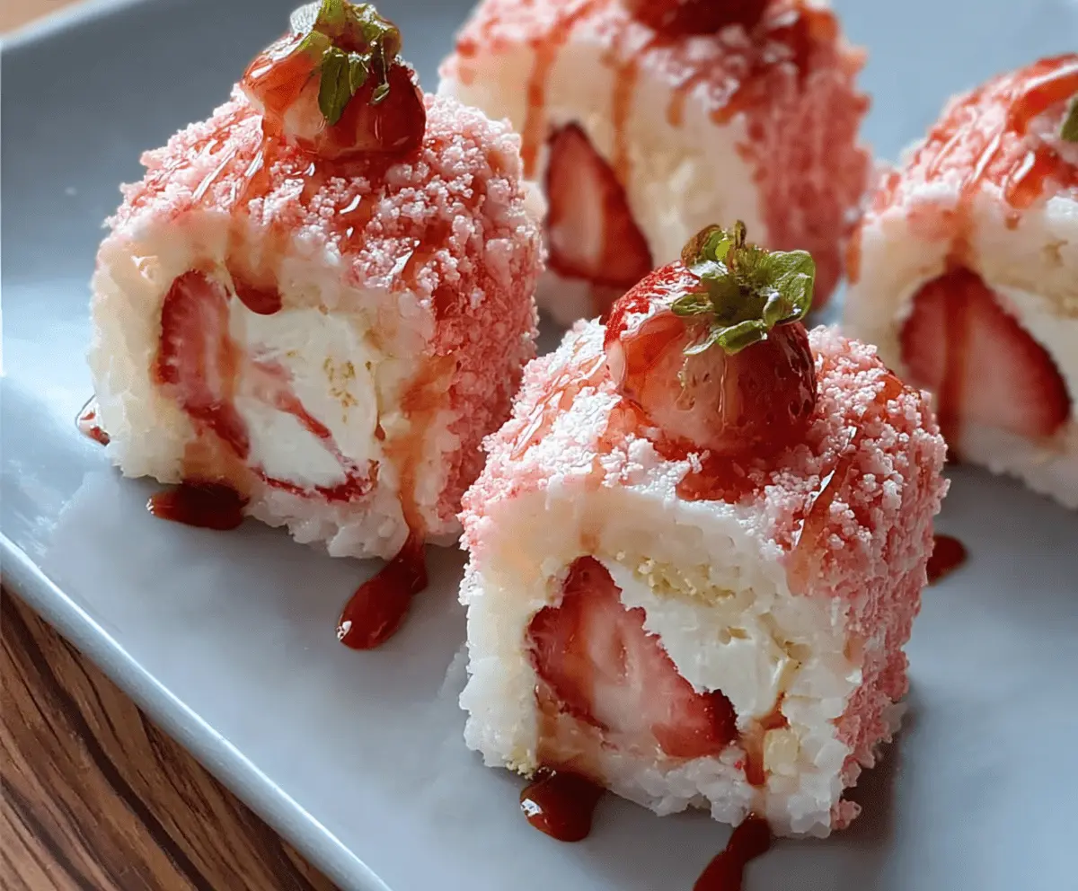Delicious strawberry shortcake sushi rolls with fresh strawberries, whipped cream, and cake crumbles, garnished with mint leaves on a white plate.