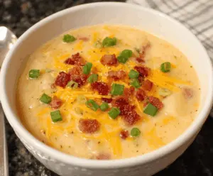 Creamy crockpot potato soup in a bowl topped with shredded cheese, chives, and bacon bits, perfect for a comforting meal.