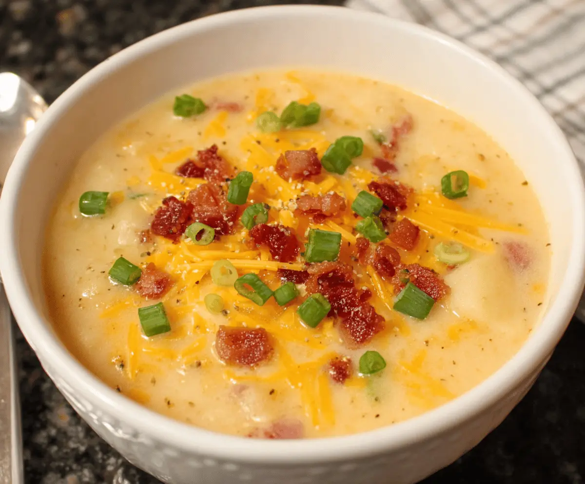 Creamy crockpot potato soup in a bowl topped with shredded cheese, chives, and bacon bits, perfect for a comforting meal.