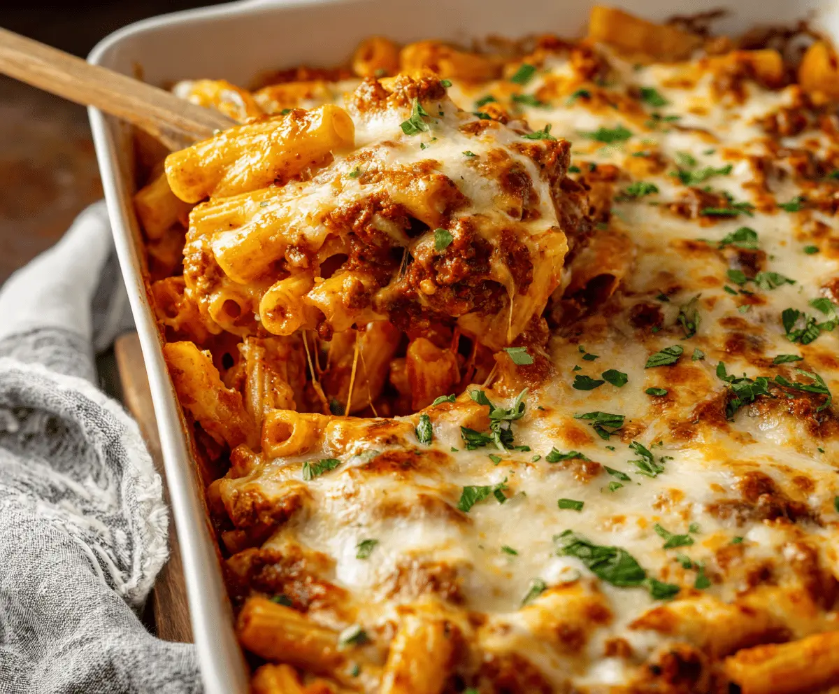Creamy cheesy baked ziti pasta dish topped with melted cheese, perfect for a hearty and delicious comfort meal
