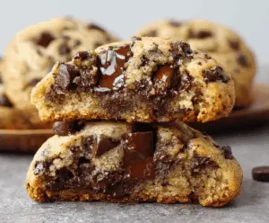 Ultra thick bakery style chocolate chip cookies with crispy edges and gooey centers, freshly baked and loaded with chocolate chips