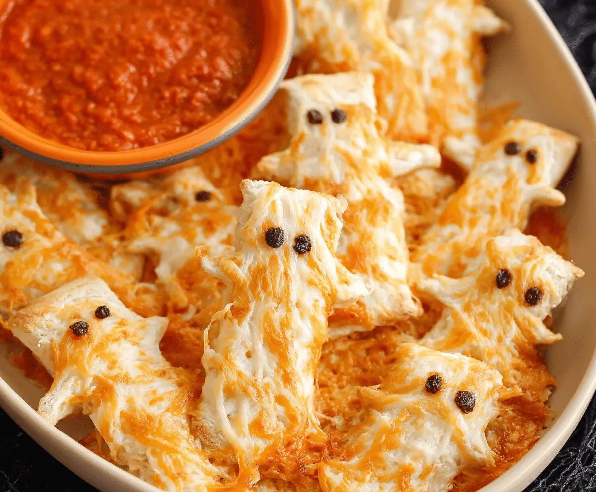 Delicious Halloween appetizer featuring cheesy breadstick bones for a spooky party feast