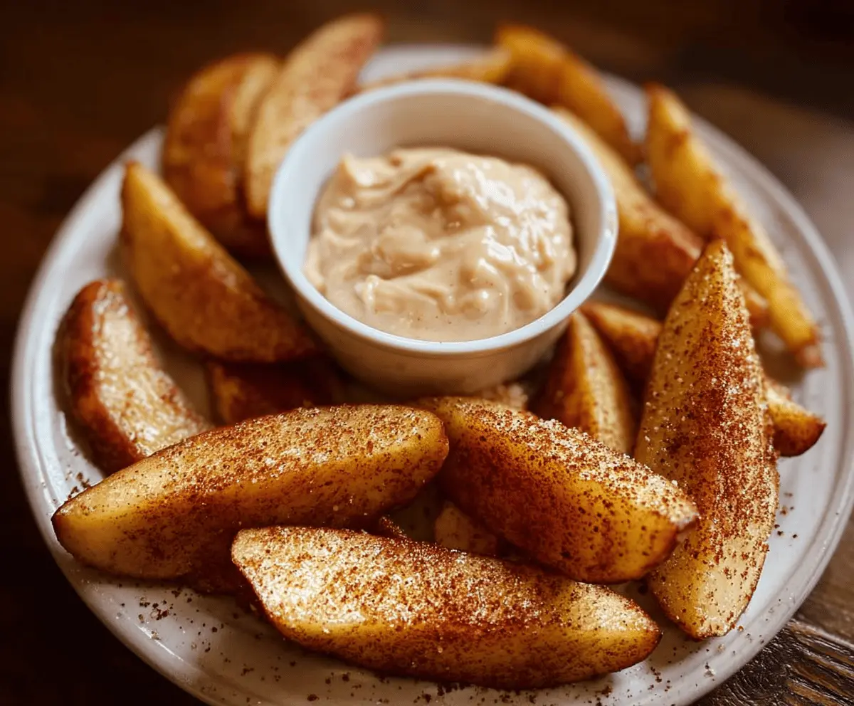 Delicious air fried apple wedges topped with caramel whipped cream dipping sauce, perfect for a sweet snack or dessert.
