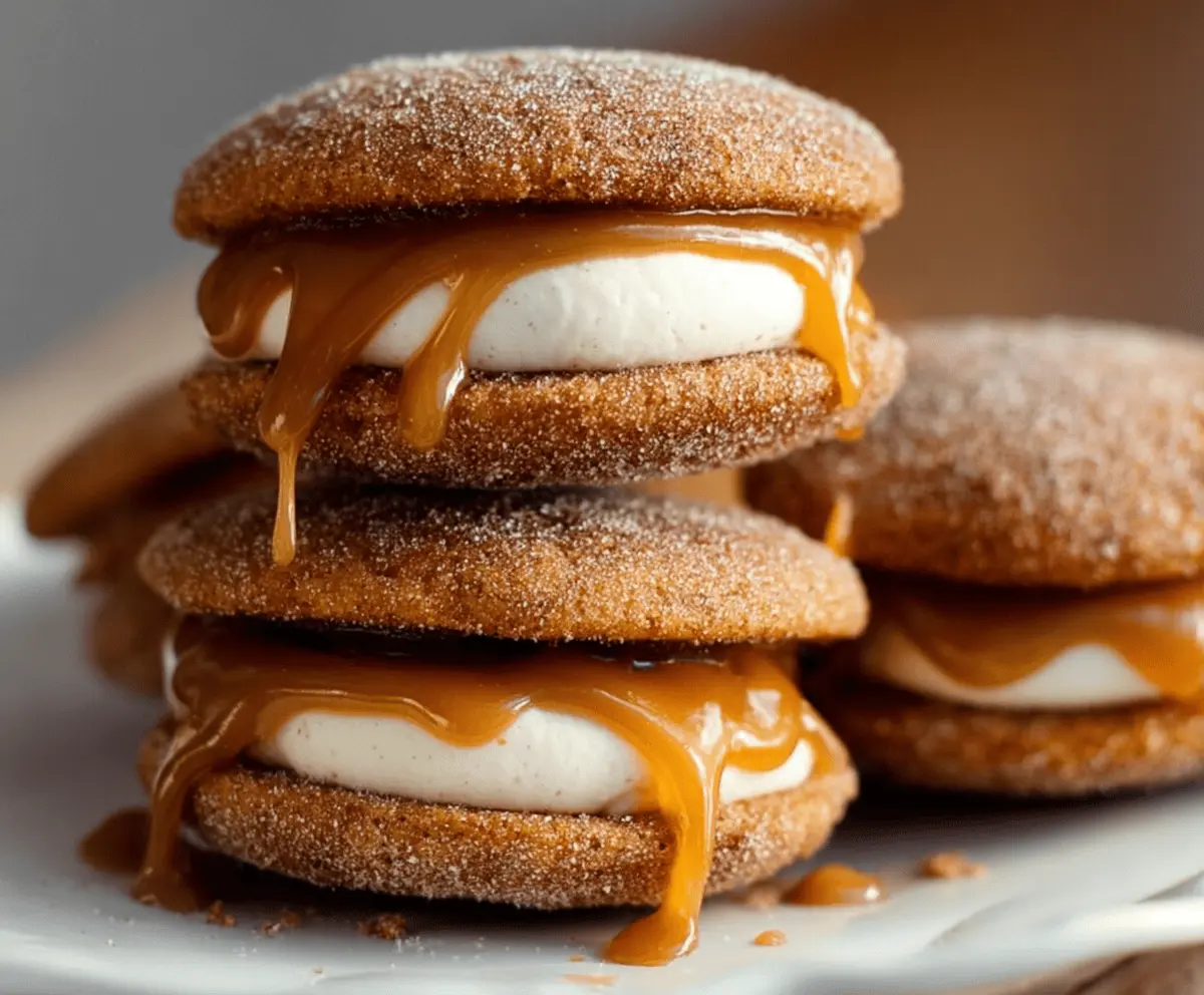 Delicious Apple Cider Whoopie Pie Cookies filled with creamy caramel topping, perfect for fall dessert cravings.