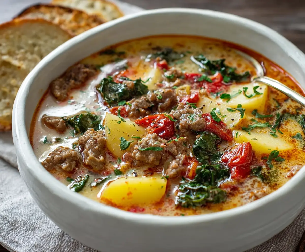 Bowl of Authentic Tuscan Zuppa with fresh herbs and rustic bread for a hearty Italian soup experience