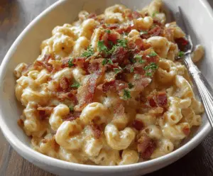 Creamy bacon mac and cheese served in a white bowl, topped with crispy bacon bits and melted cheese.