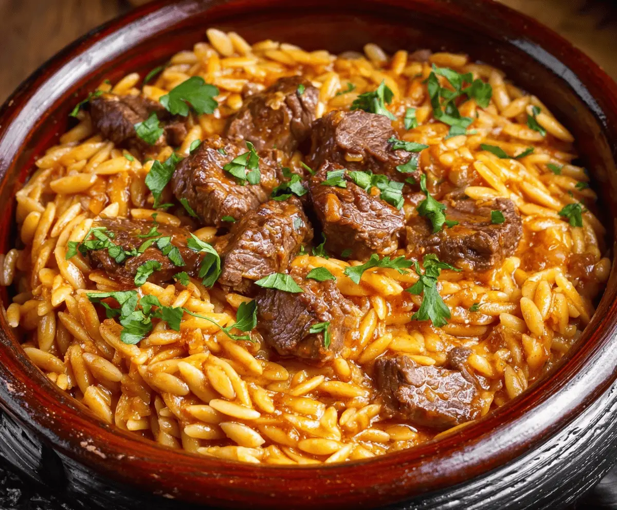 Delicious Greek Beef Giouvetsi served with tender beef, orzo pasta, and savory tomato sauce