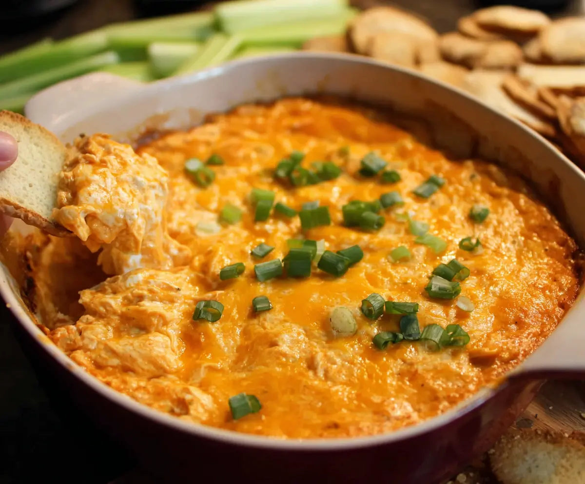 Creamy Buffalo Chicken Dip served with celery sticks and tortilla chips, perfect for parties and game day snacks