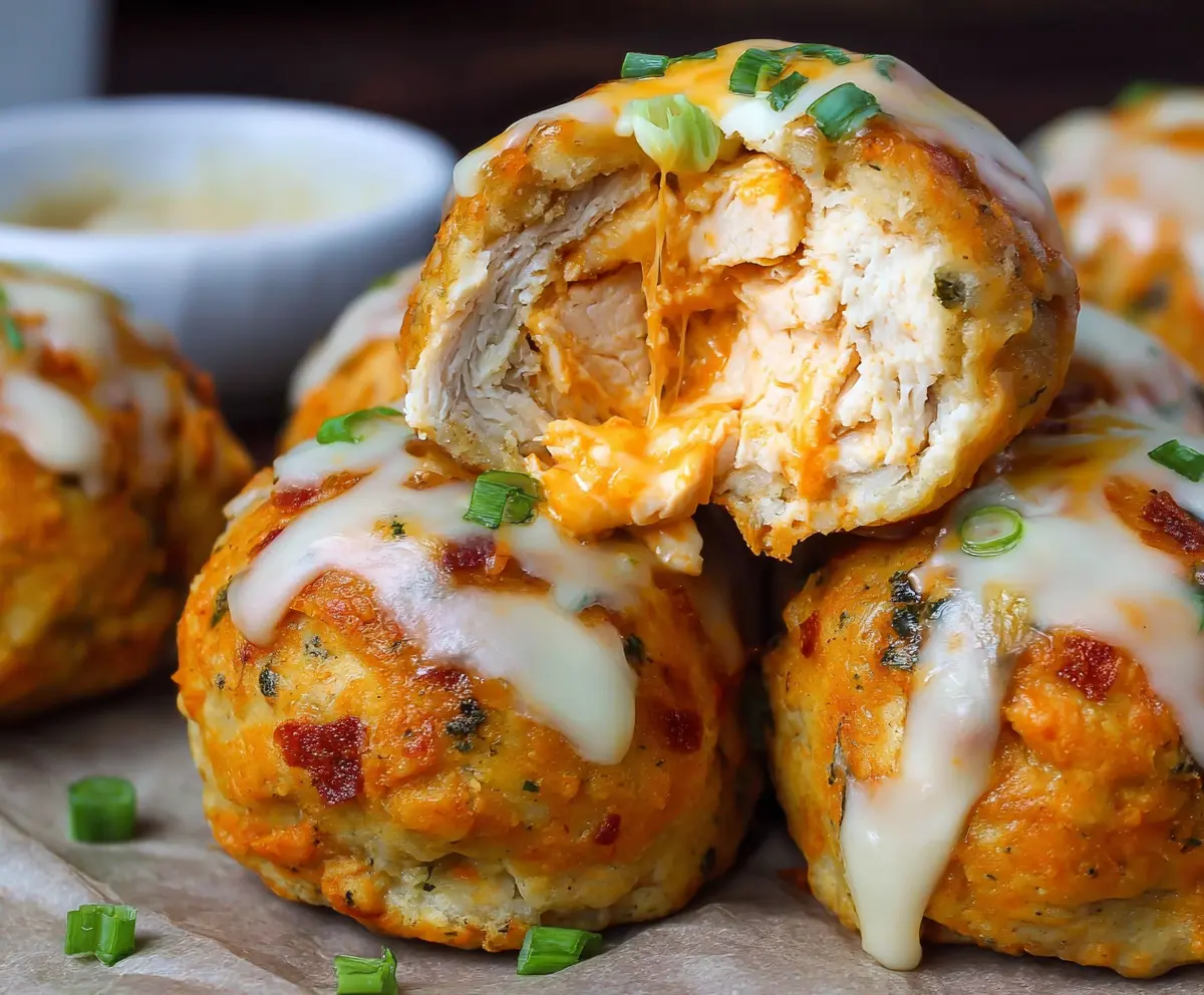 Delicious Buffalo Chicken Bacon Mozzarella Bombs with melted cheese and crispy bacon