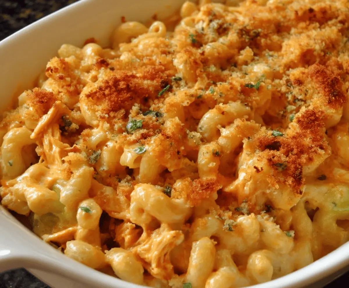 Creamy Buffalo Chicken Mac & Cheese with spicy wings and melted cheese in a skillet.