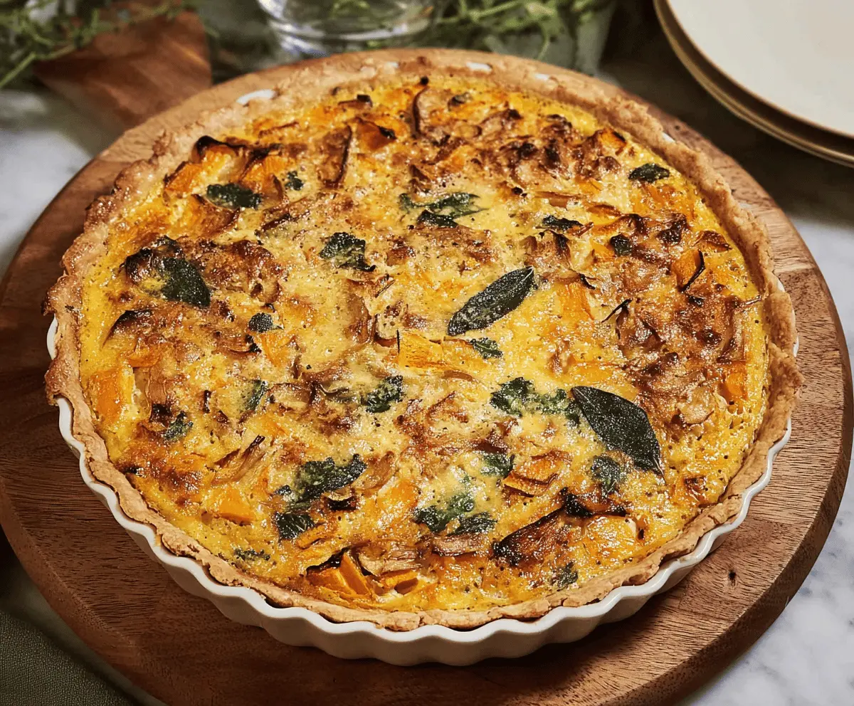 Delicious homemade butternut squash and sage quiche on a rustic plate
