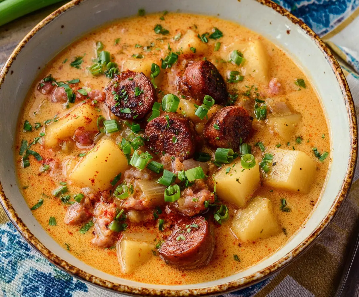 Creamy Cajun Potato Soup in a bowl topped with fresh herbs, perfect for a comforting meal.