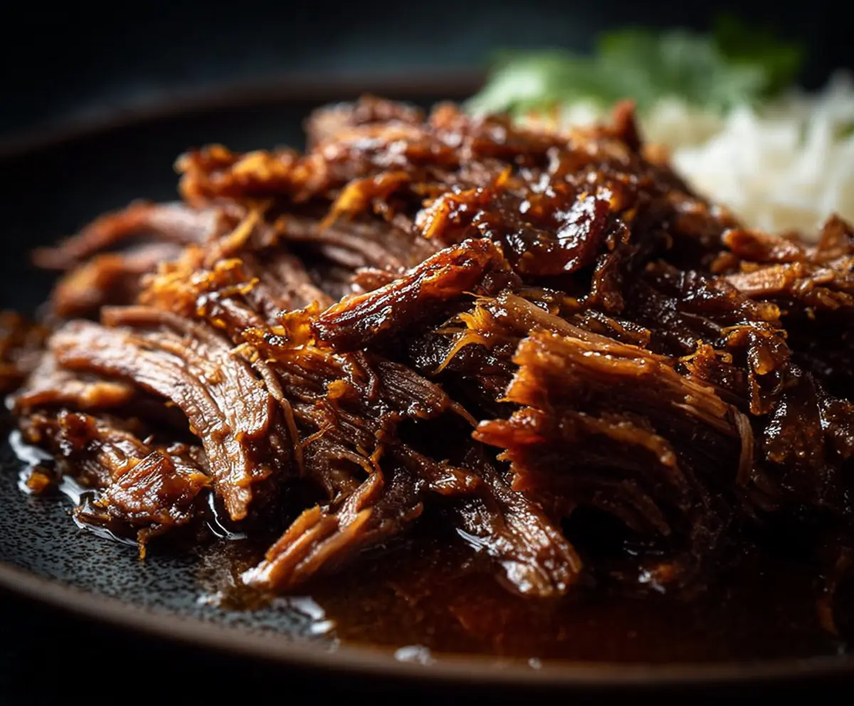 Delicious caramelized pulled beef brisket served on a platter, showcasing tender, juicy meat with a rich caramel glaze.