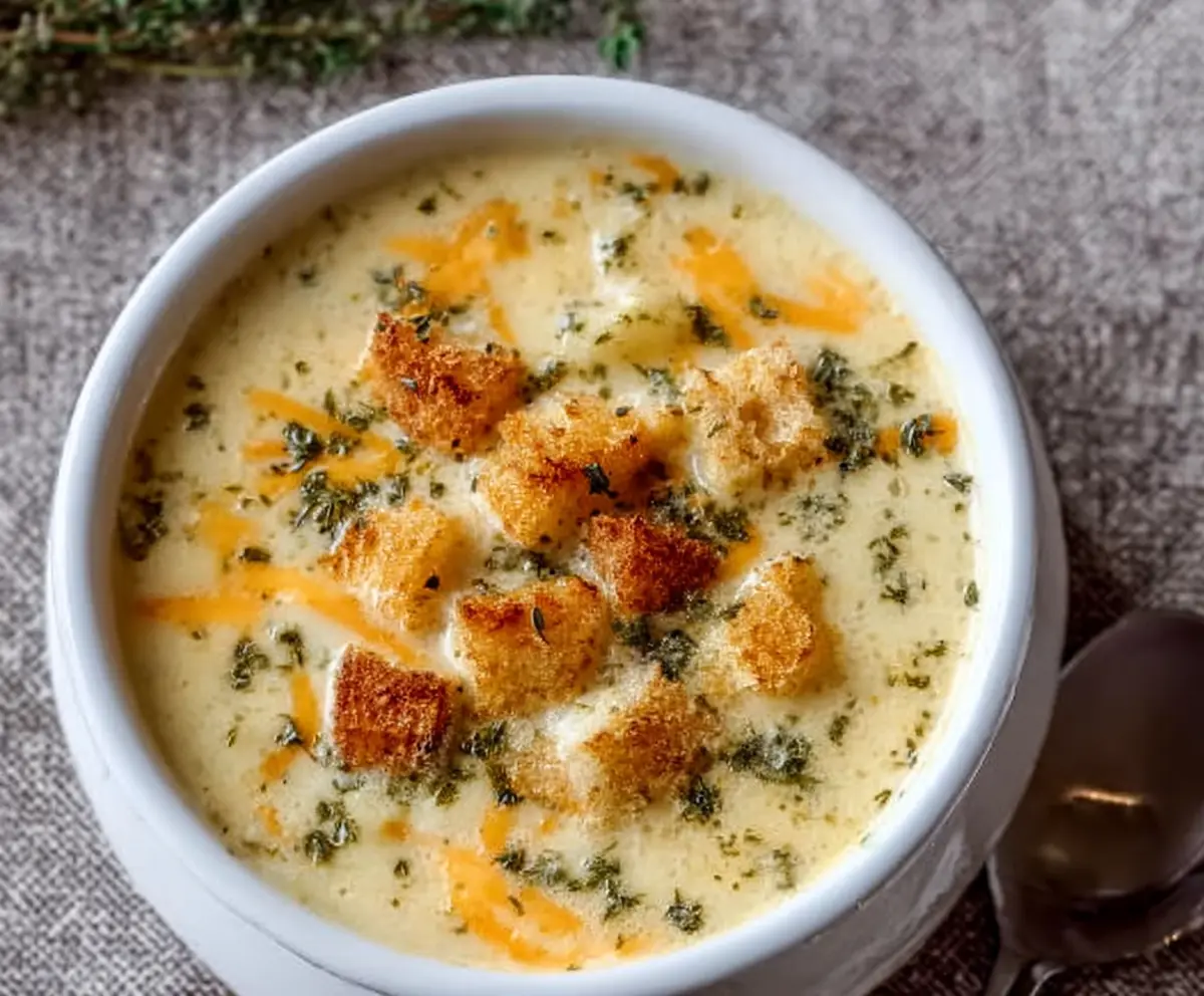 Creamy Cheddar Herb Potato Soup in a bowl topped with fresh herbs, perfect for cozy dinners.