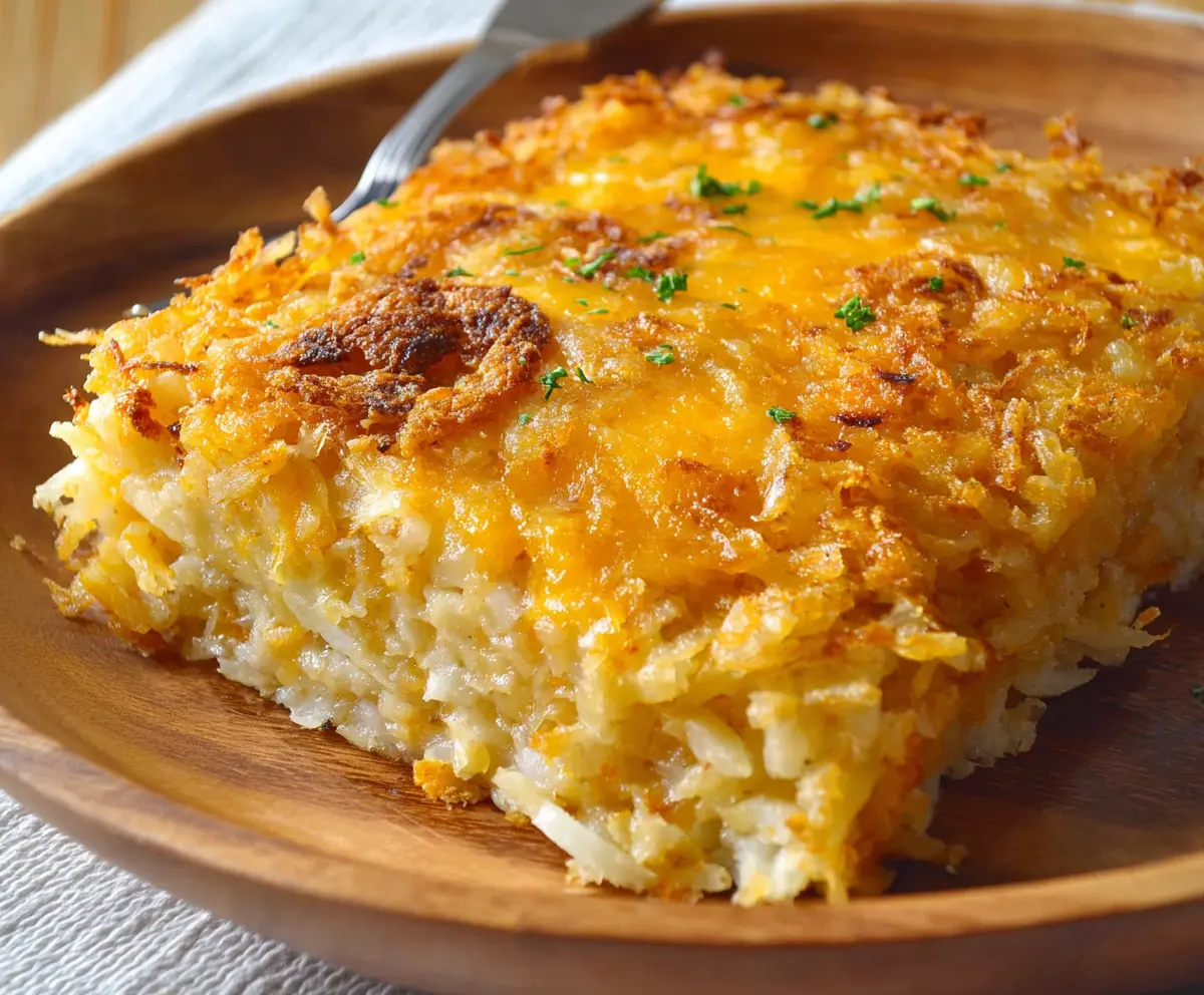 Delicious cheesy hashbrown casserole topped with golden melted cheese and crispy edges.