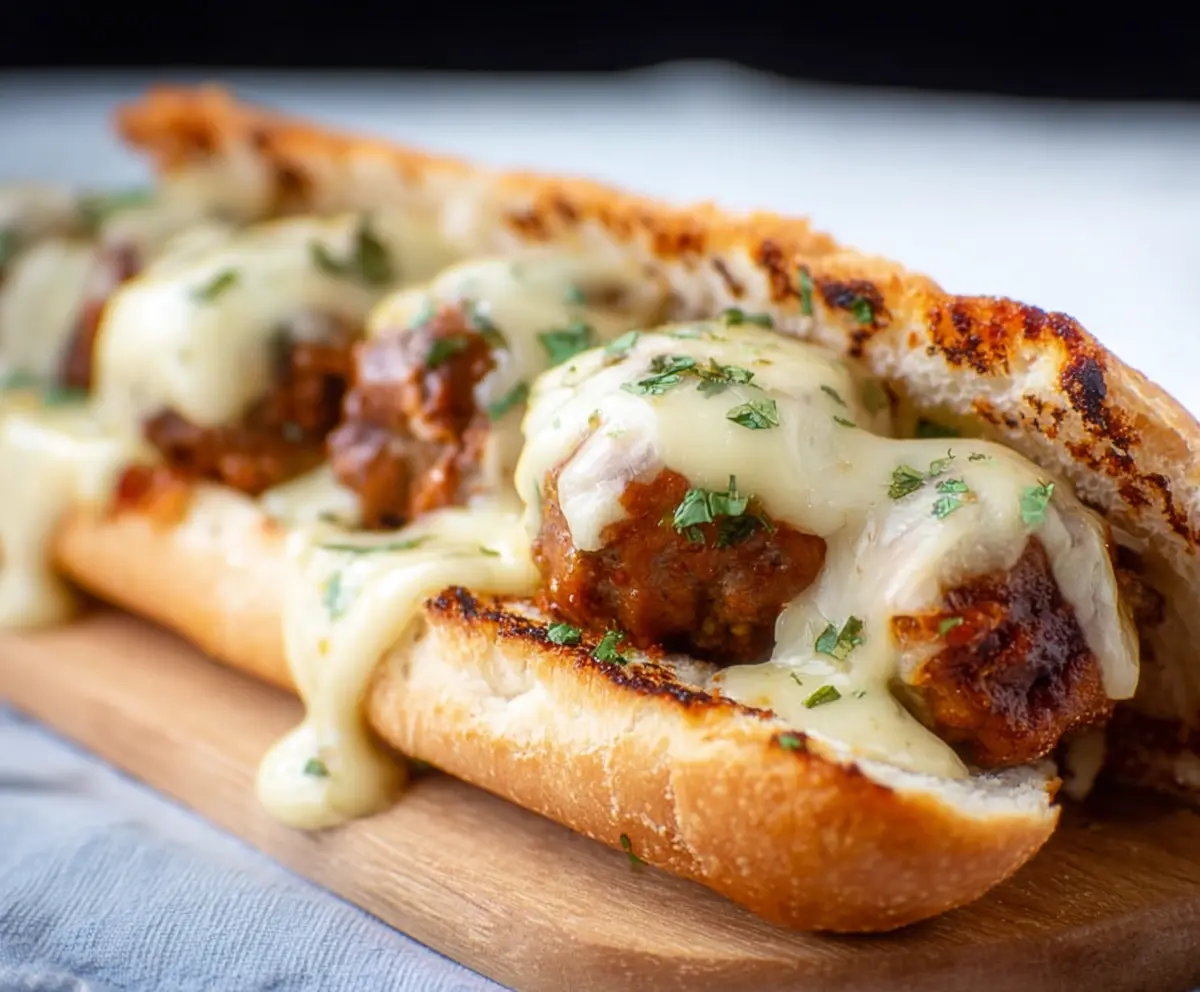 Delicious cheesy meatball sub sandwich with melted cheese and savory meatballs in a hoagie bun.