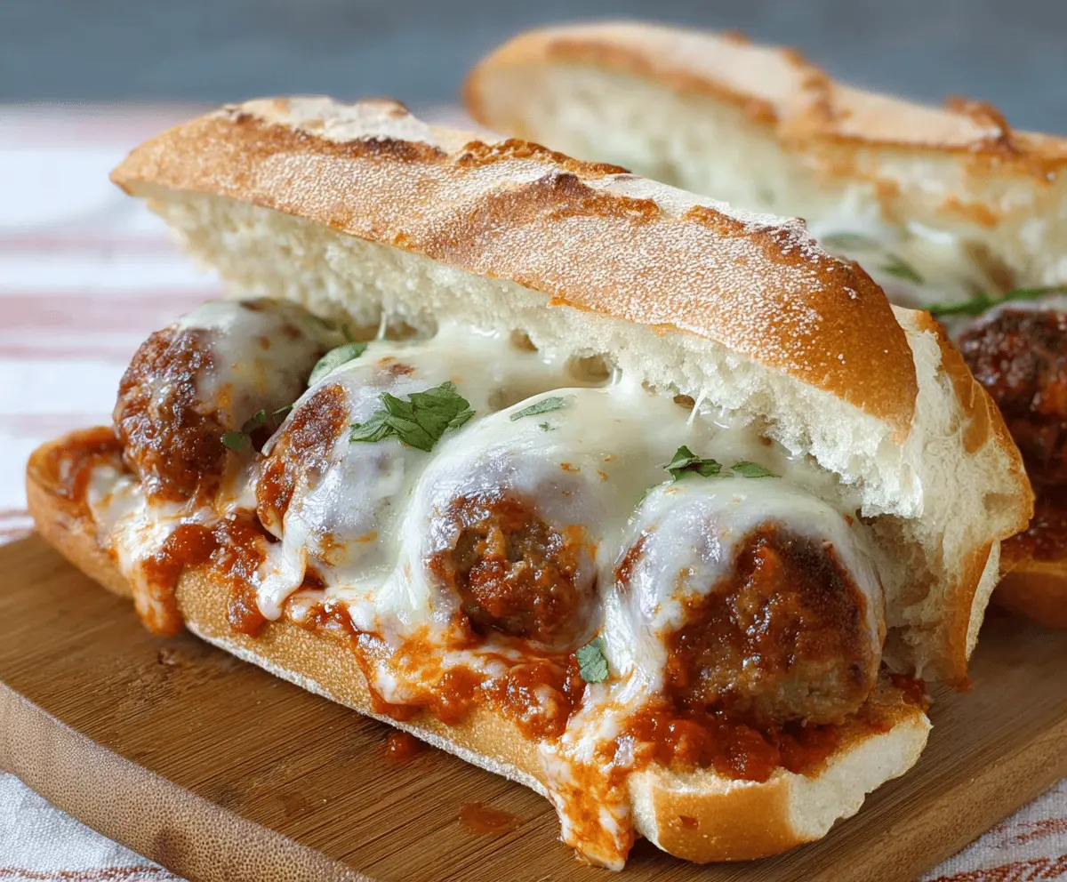 Delicious cheesy meatball subs topped with melted cheese and fresh herbs, perfect for a savory meal.