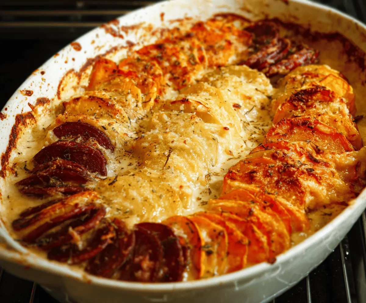 Delicious cheesy root vegetable gratin with a golden crust, perfect for a comforting meal.