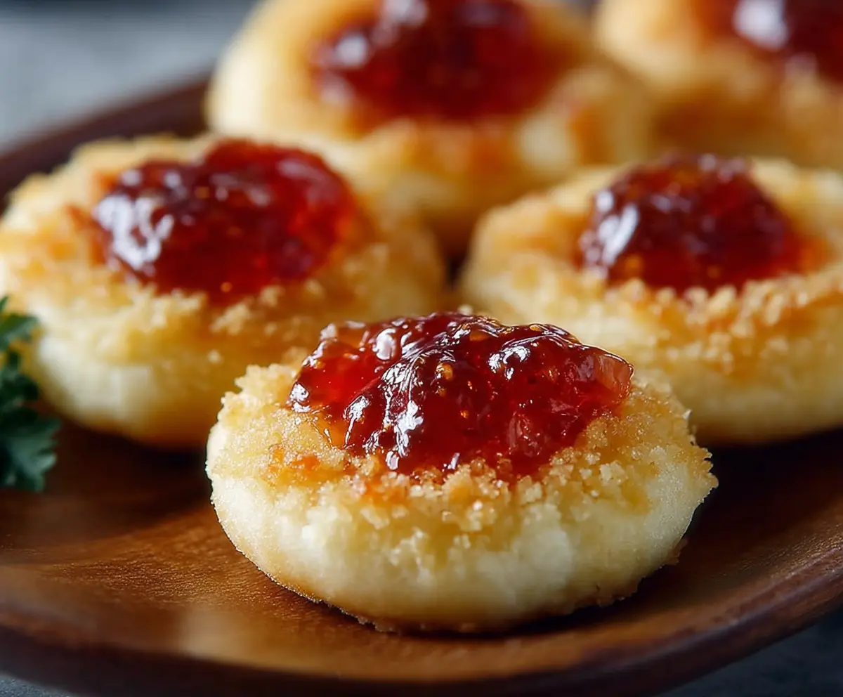 Cheesy thumbprint appetizers topped with hot pepper jelly, perfect for party snacks.