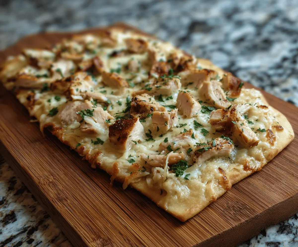 Delicious Chicken Alfredo Flatbread with creamy sauce and melted cheese, perfect for a savory meal.