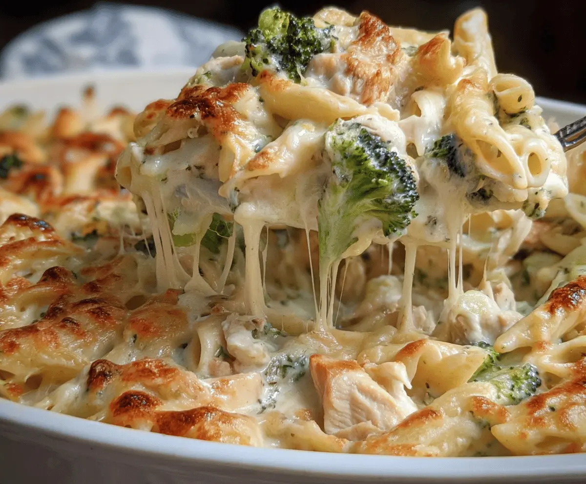 Creamy Chicken and Broccoli Alfredo Bake served in a baking dish, perfect for a healthy dinner.