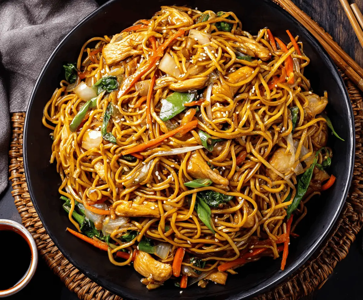 Delicious Chicken Chow Mein with stir-fried noodles and vegetables on a plate.