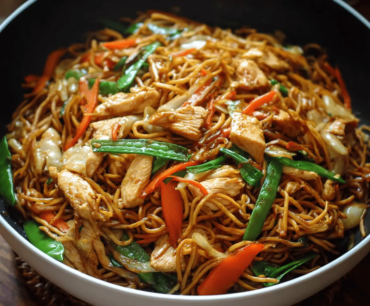 Delicious Chicken Chow Mein with stir-fried noodles, vegetables, and tender chicken pieces in a savory sauce.