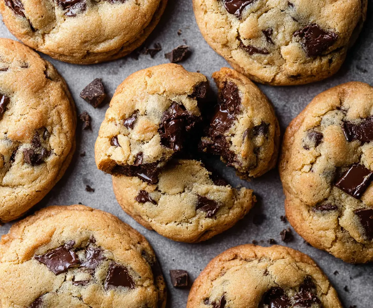 Freshly baked chocolate chip cookies on a baking tray, perfect for snacking or dessert.