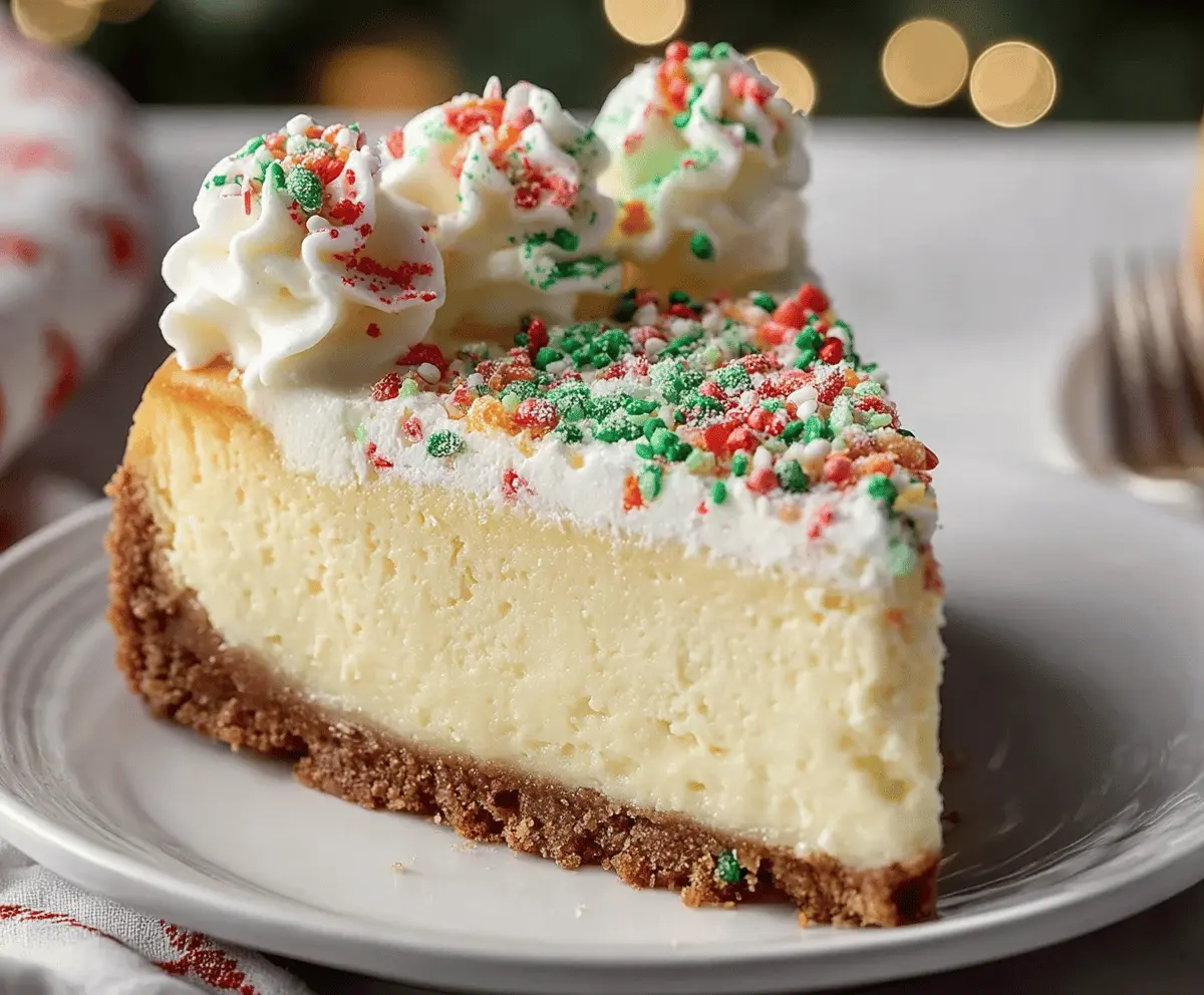 Decadent Christmas Sugar Cookie Cheesecake topped with festive icing and sprinkles for holiday celebration.