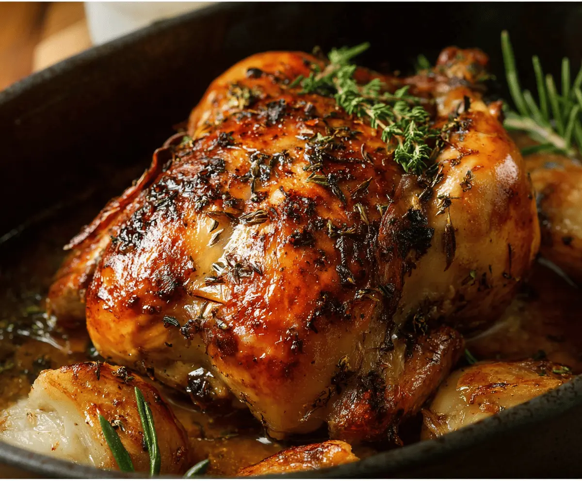 Juicy Cornish hen roasted with cider, maple syrup, and herbs in the oven, served as a flavorful main dish.