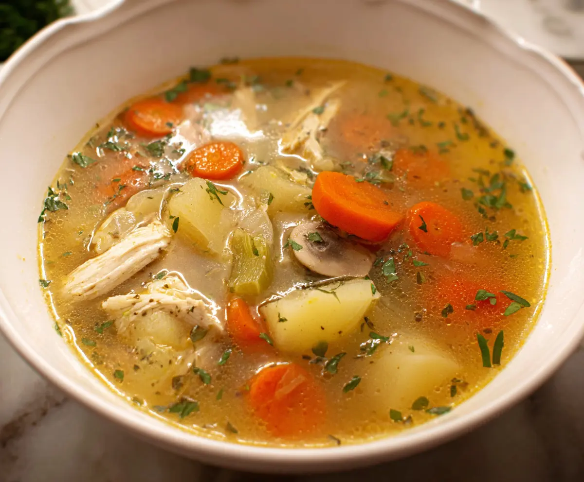 A warm bowl of Comfort Style Chicken Soup with tender chicken, vegetables, and herbs, perfect for a cozy meal.