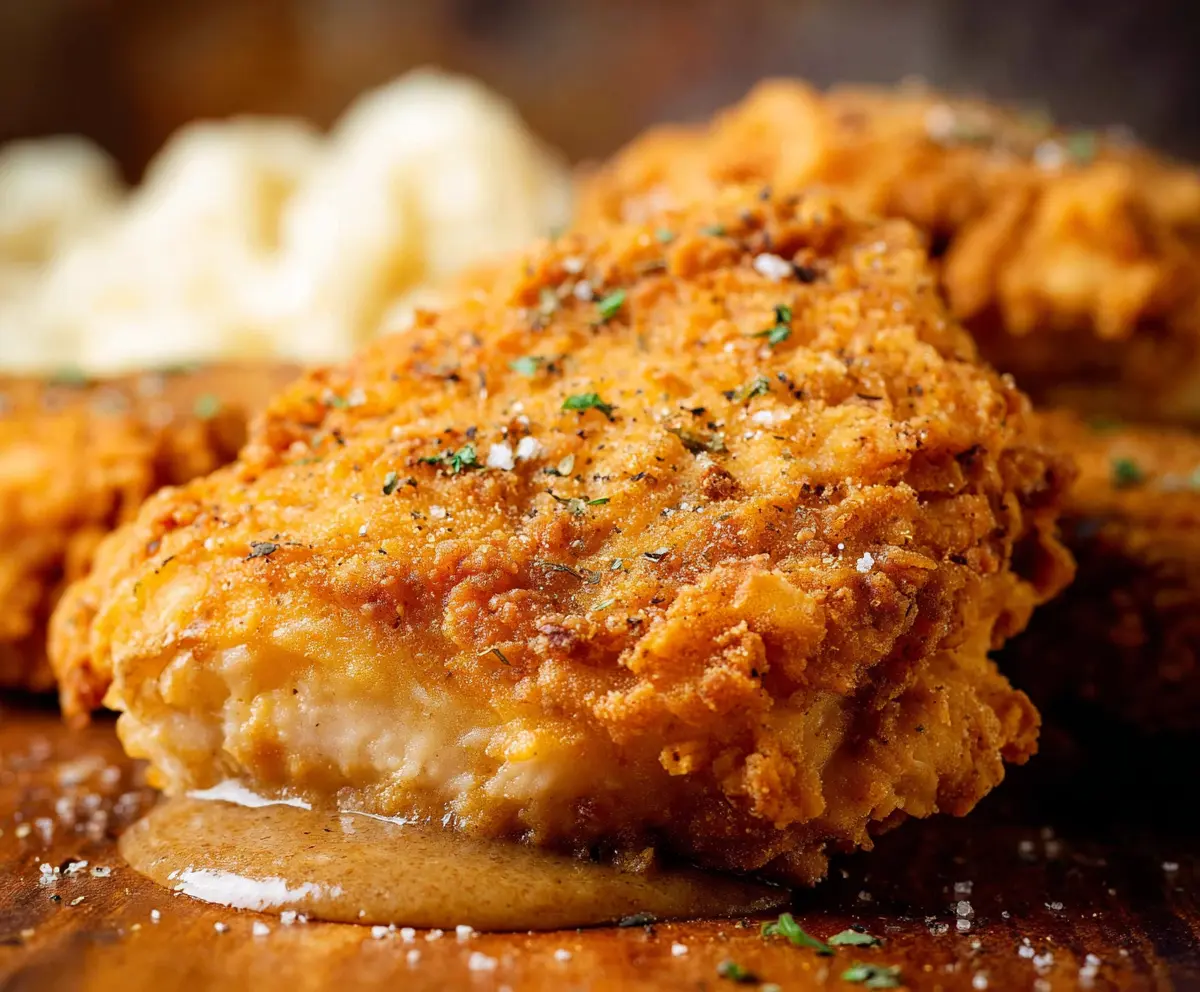 Crispy golden country fried chicken served with sides on a rustic plate.