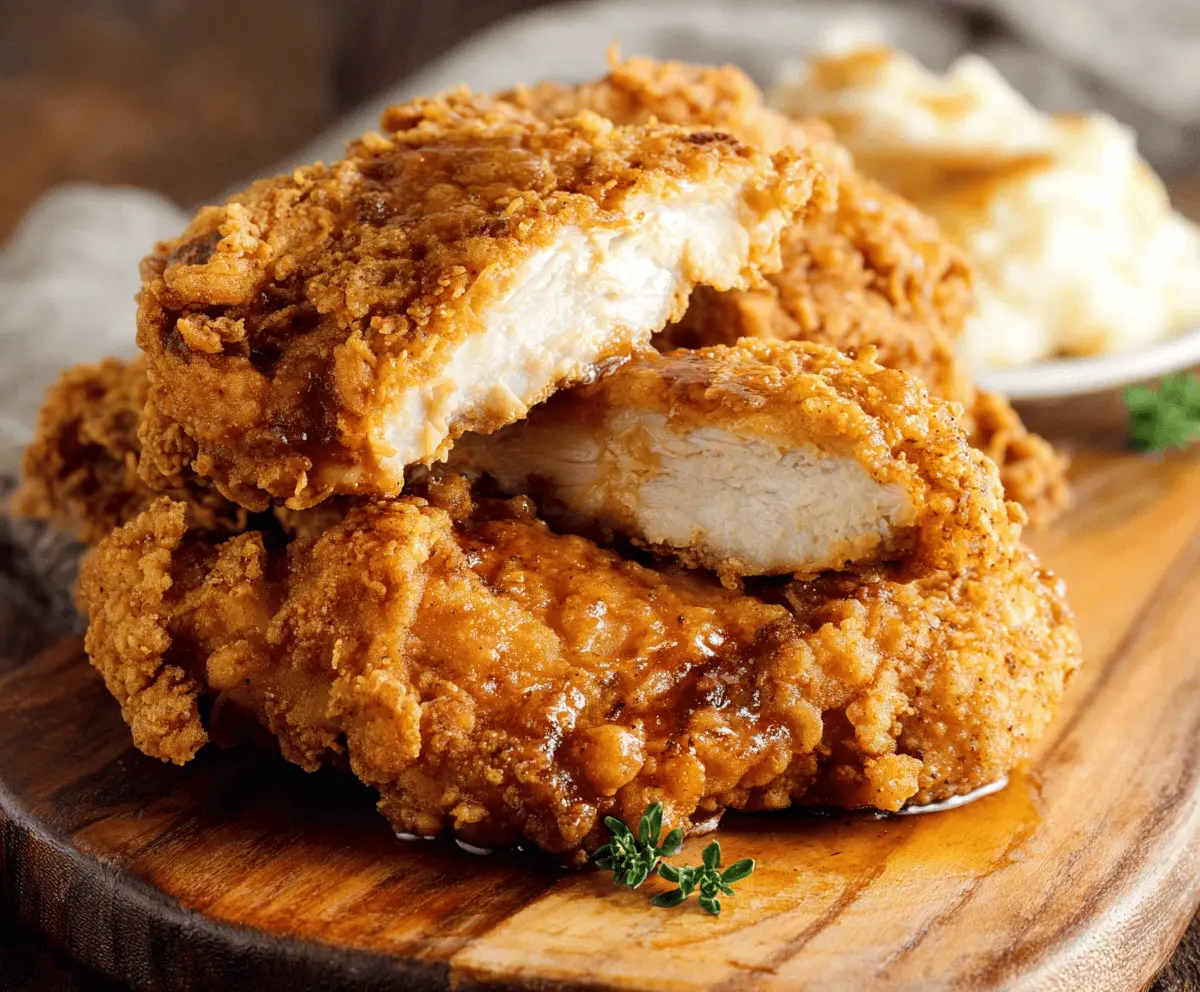 Crispy golden country fried chicken served with sides on a rustic plate.
