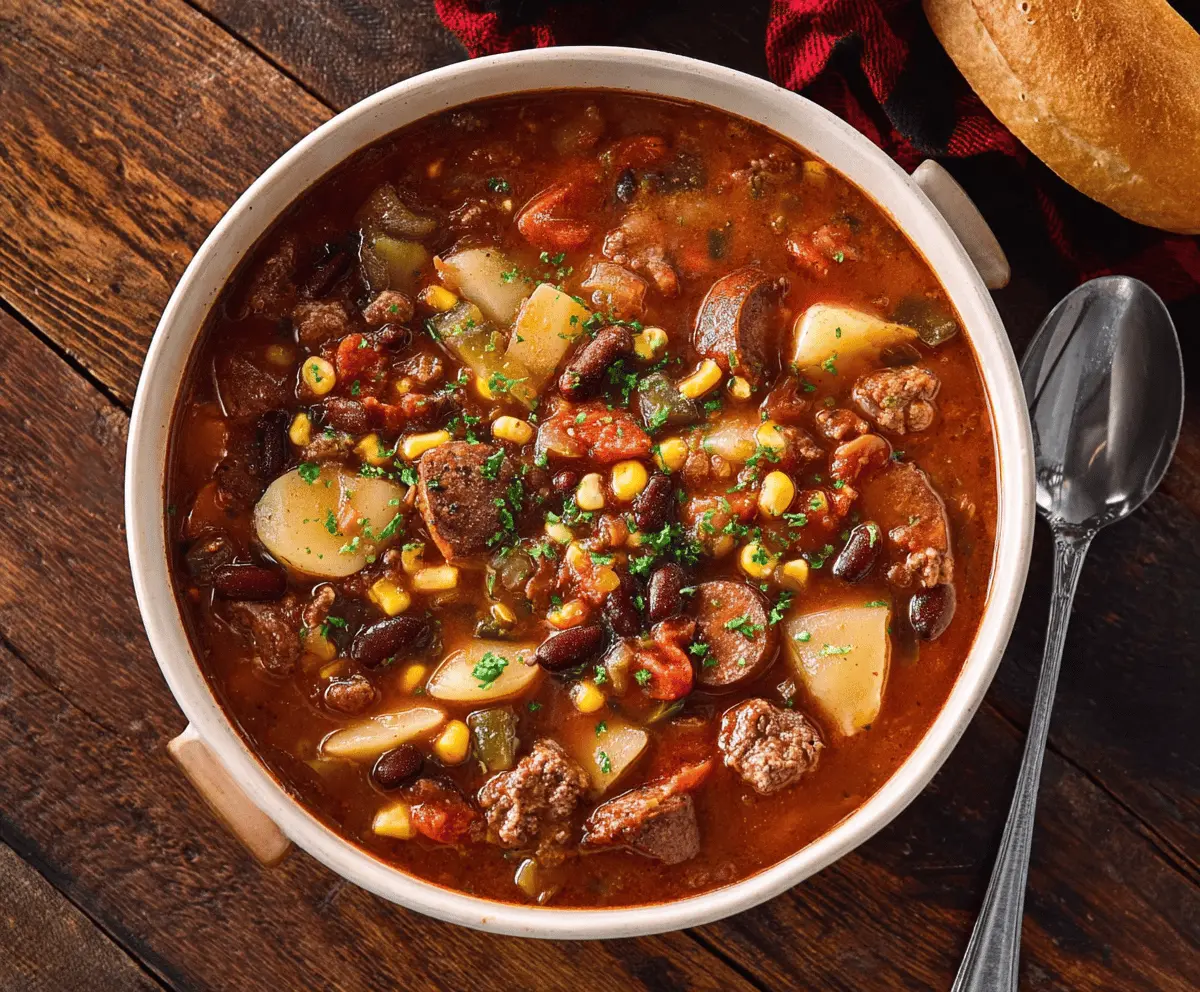 Hearty cowboy stew with tender beef, potatoes, and vegetables in a rustic bowl.