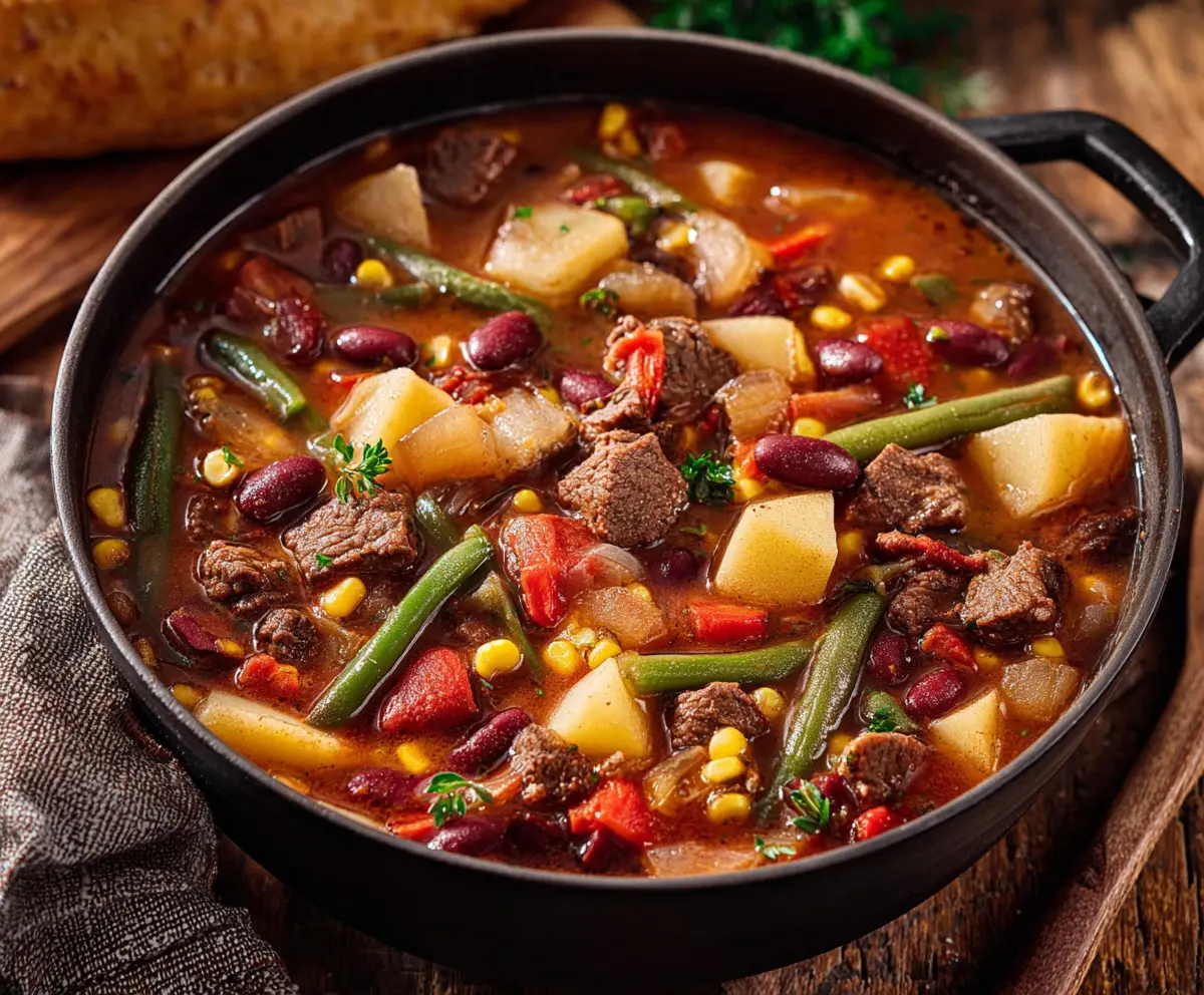 Hearty cowboy stew with chunks of beef, vegetables, and spices served in a rustic bowl.