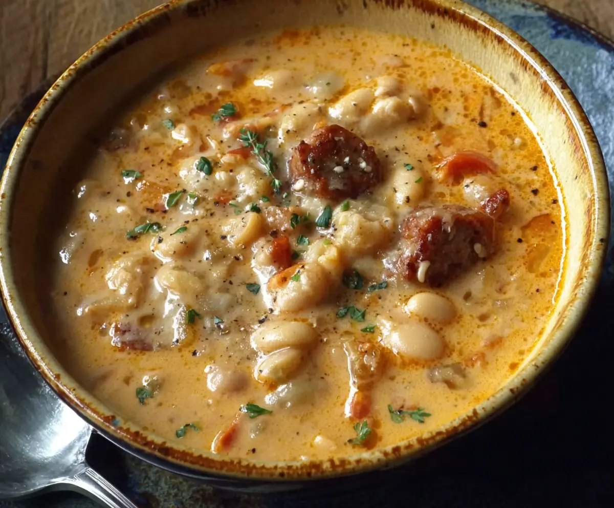 Delicious creamy bean soup with sausage garnished with fresh herbs and served in a rustic bowl.