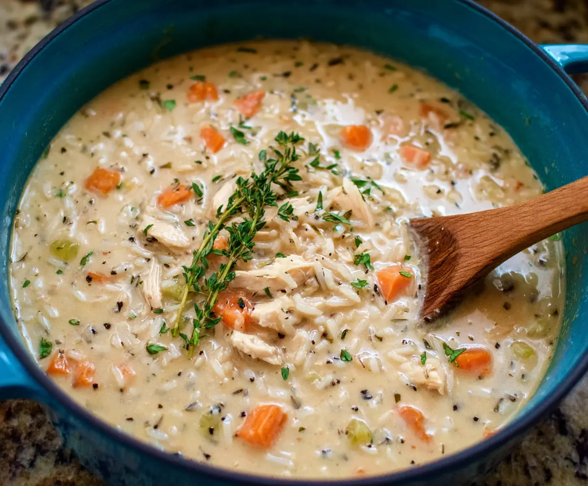 Creamy Chicken and Rice Soup served in a bowl with fresh herbs for a comforting meal.