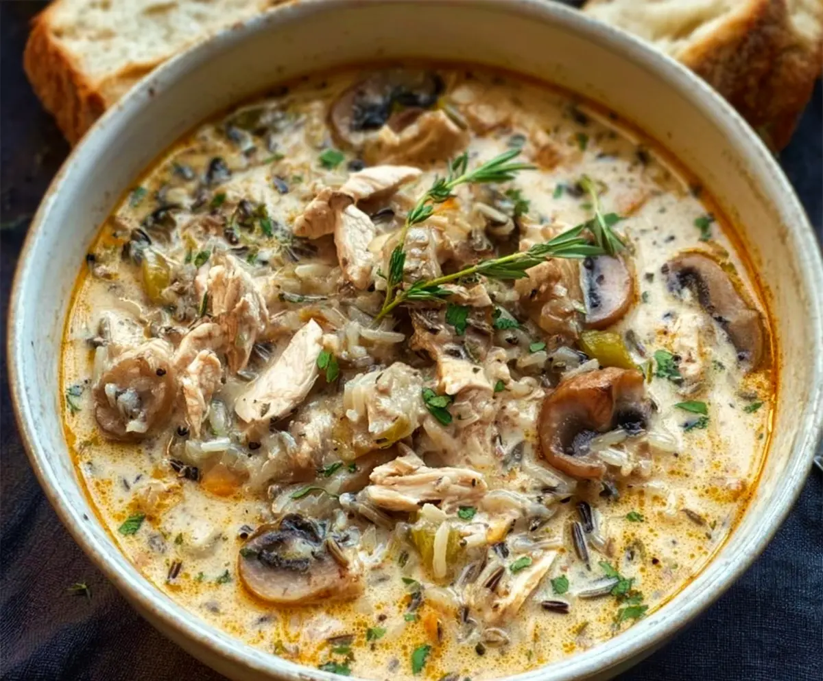A bowl of creamy mushroom chicken and wild rice soup garnished with fresh herbs.