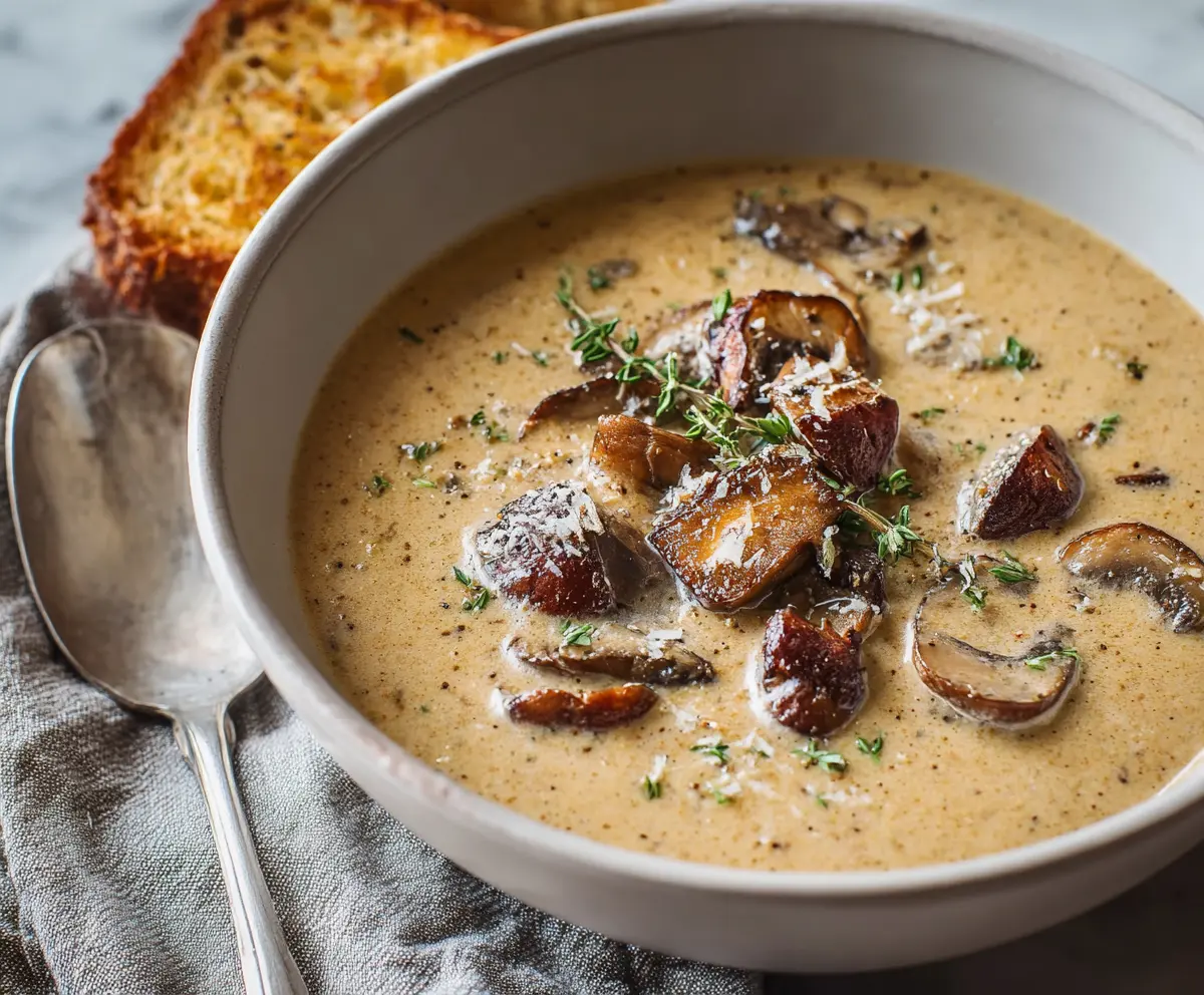A bowl of creamy mushroom soup garnished with fresh herbs, served hot on a rustic wooden table.
