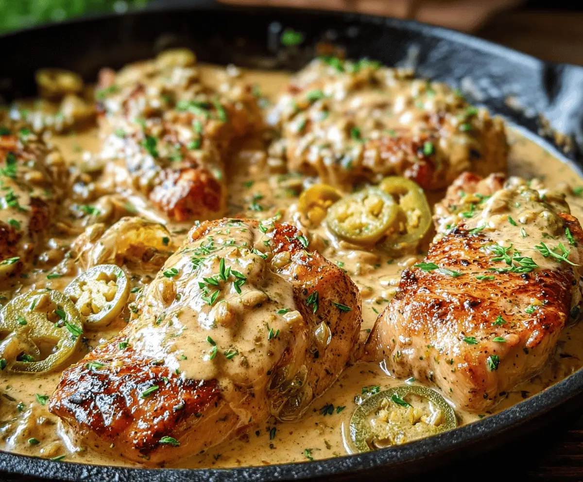 Creamy Pepperoncini Chicken Skillet served with fresh herbs and vegetables