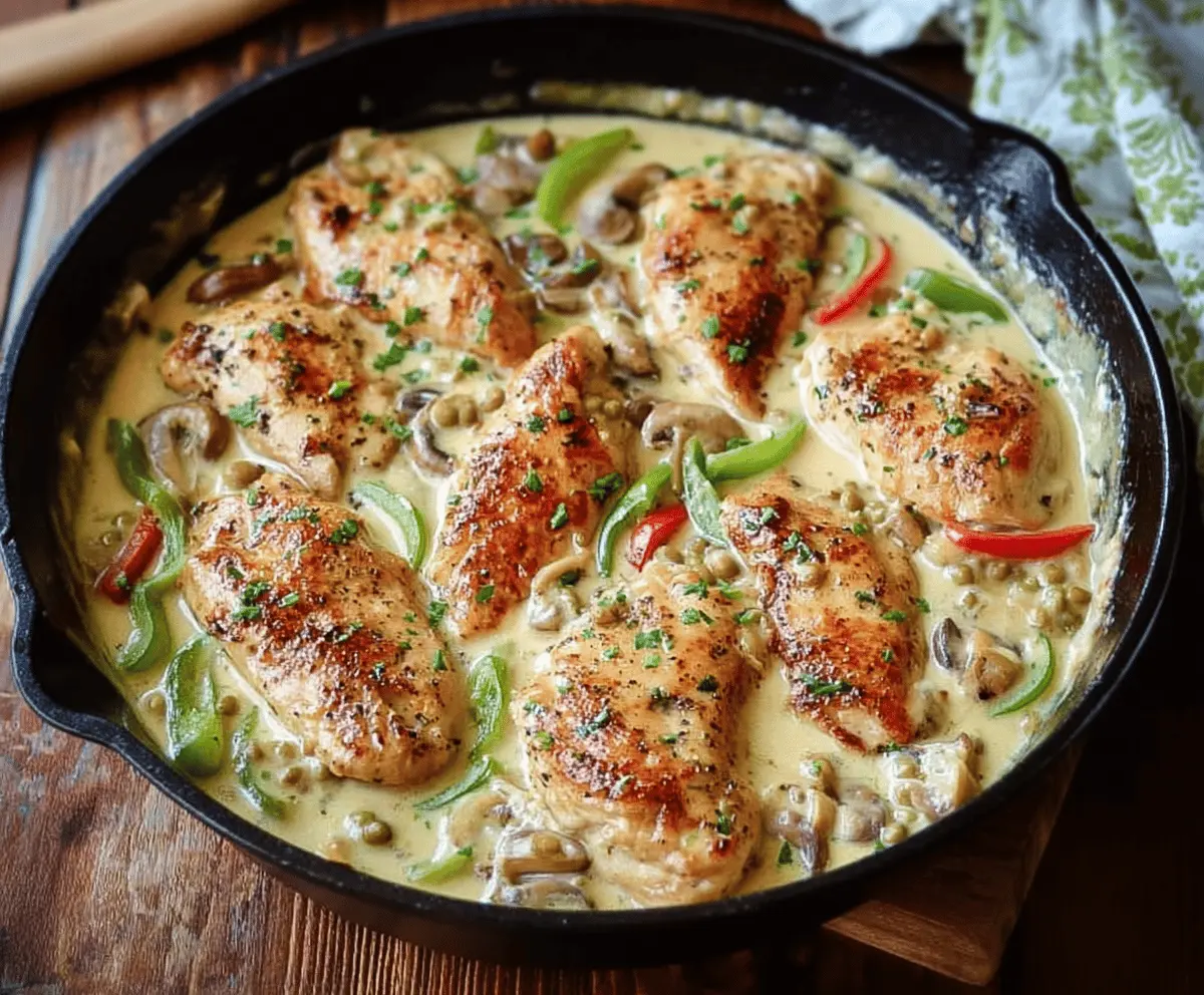 Creamy Pepperoncini Chicken Skillet served with fresh herbs and vegetables