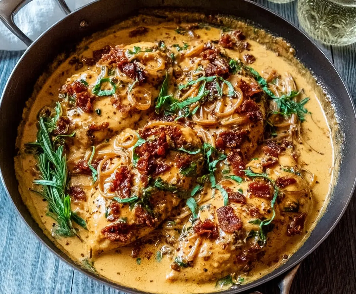 Creamy Tuscan Marry Me Chicken served with fresh herbs and creamy sauce on a white plate.