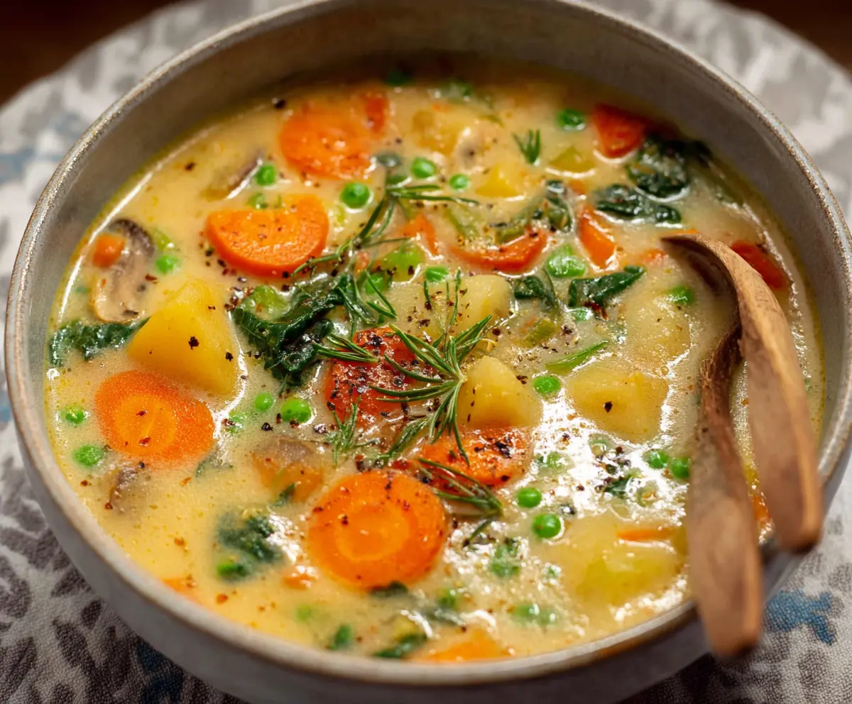 A bowl of creamy vegetable soup with colorful vegetables and herbs on top, served in a white ceramic bowl.