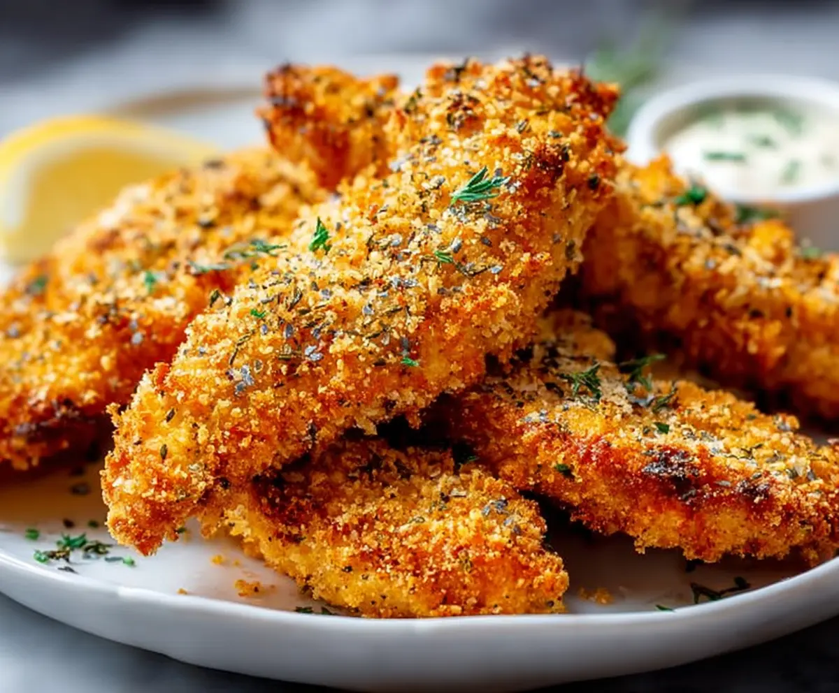 Golden brown crispy homemade baked chicken tenders served with a side of vegetables on a white plate.