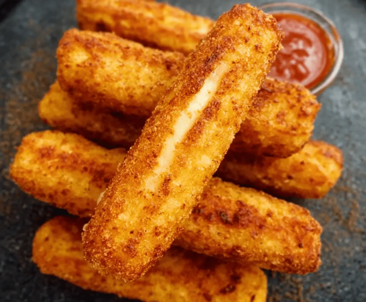 Crispy Hungarian Potato Cheese Sticks on a plate, freshly cooked and golden brown, perfect for a snack or appetizer.