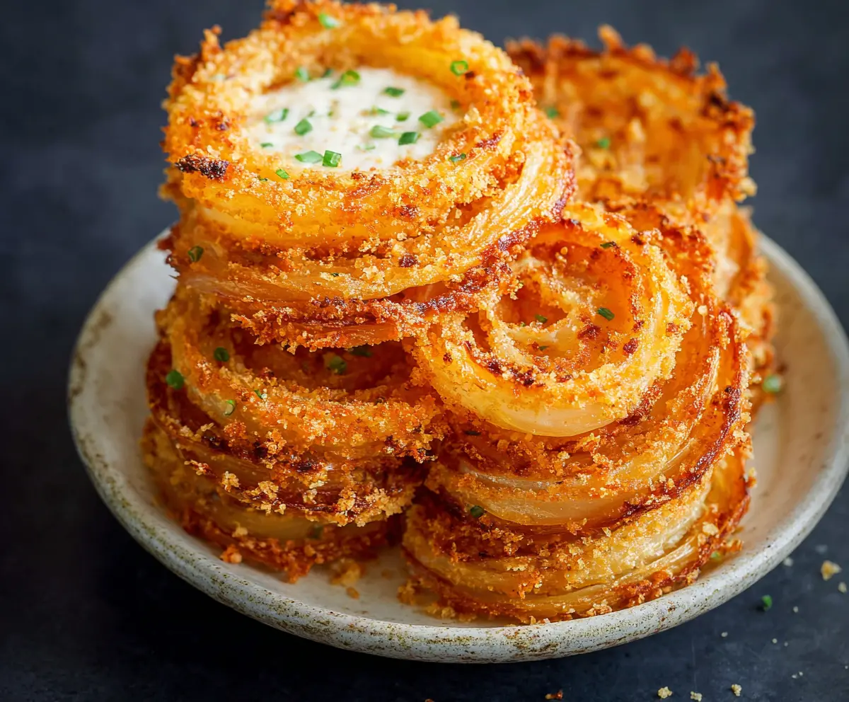 Crispy Parmesan Onion Ring Chips served on a plate, garnished with fresh herbs